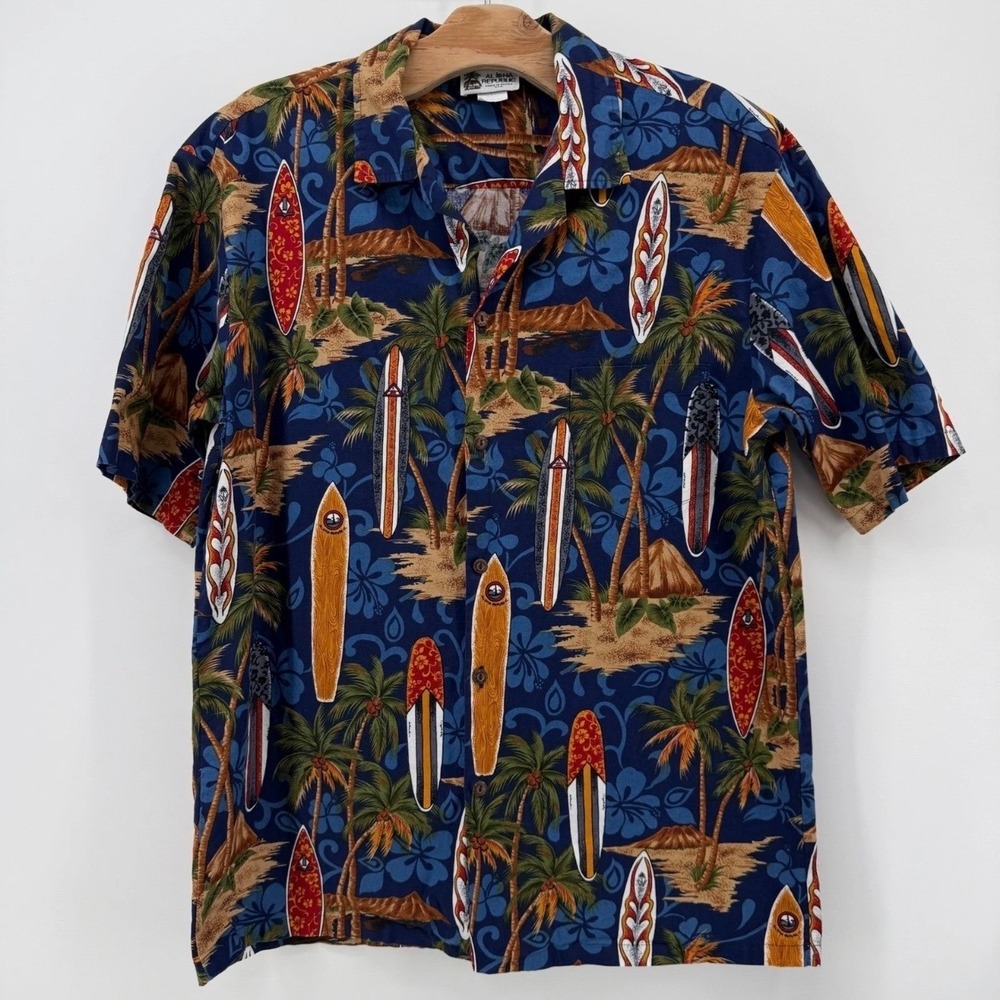 Aloha Republic Button Down Mens XL Surfboard Print Cotton Blue Tropical Shirt